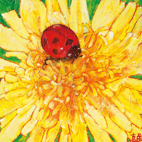 タンポポとテントウムシ 「おはよう」テントウムシがタンポポに挨拶します。「今日もいい天気だね」タンポポも 嬉しそうです。