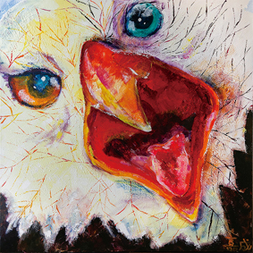 ハクトウワシ 崖の上からハクトウワシのヒナが飛び立とうとしています。さあ、巣立ちの時です。どんなに怖くても頑張って飛んで見せる！					
