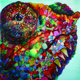 威嚇するパンサーカメレオン マダガスカルのジャングルの　カメレオン。敵の蛇に、カラフルな体の色を見せつけて威嚇しているよ。